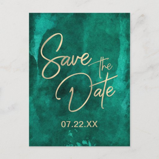 Emerald Green Watercolor und Gold Save the Date Ankündigungspostkarte (Vorderseite)