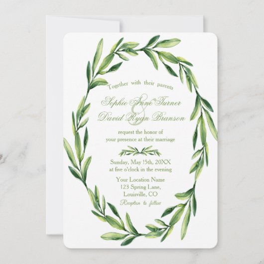 Emerald Green Watercolor Wreath Wedding Einladung (Vorderseite)