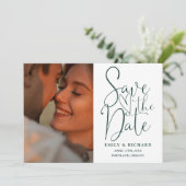 Emerald Green Wedding 2 Foto Elegantes Skript Save The Date (Stehend Vorderseite)