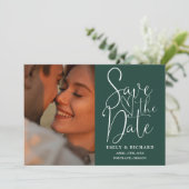 Emerald Green Wedding 2 Foto QR Code Skript Save The Date (Stehend Vorderseite)