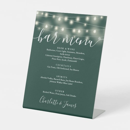 Emerald Green Wedding Bar Menu für String Lights Sockelschild (Vorderseite)