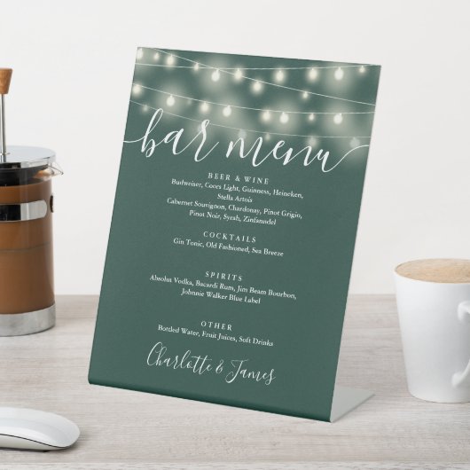 Emerald Green Wedding Bar Menu für String Lights Sockelschild (In SItu)