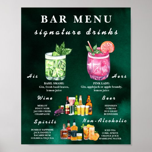  Emerald Green Wedding Bar Menu  Poster (Vorne)