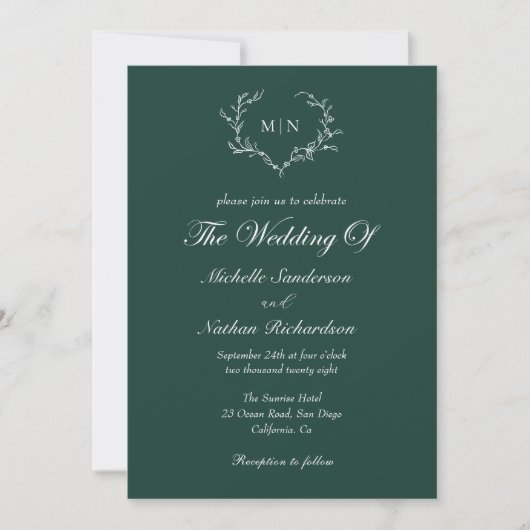 Emerald Green Wedding Monogram Einladung (Vorderseite)