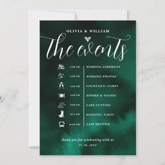 Emerald Green Wedding Order of Events Einladung (Vorderseite)
