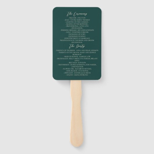 Emerald Green Wedding Program Hand Fan Fächer (Rückseite)