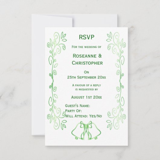Emerald Green Wedding RSVP Card Bells Scrollwork (Vorderseite)