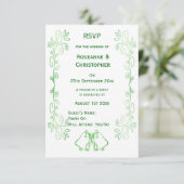 Emerald Green Wedding RSVP Card Bells Scrollwork (Stehend Vorderseite)
