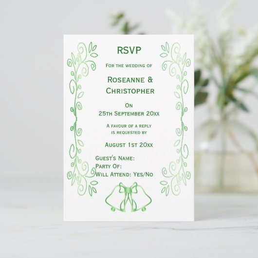 Emerald Green Wedding RSVP Card Bells Scrollwork (Stehend Vorderseite)