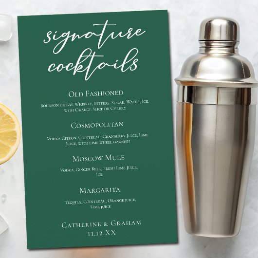 Emerald Green Wedding Signature Cocktails Bar Menu