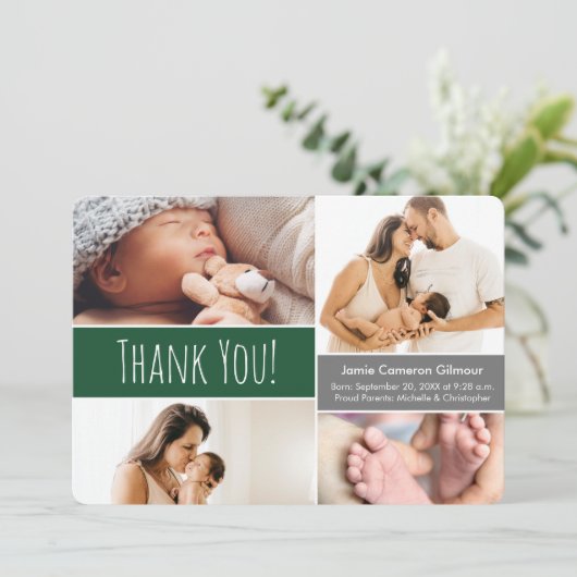 Emerald Green Welcome Zuhause Baby Boy Foto Collag Dankeskarte (Stehend Vorderseite)
