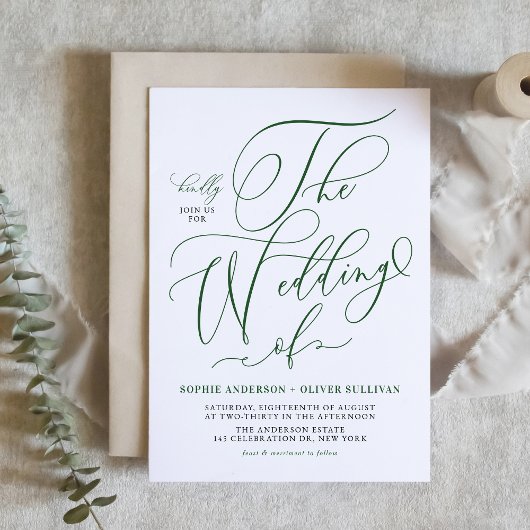 Emerald Green Whimsical Calligraphy Wedding Einladung