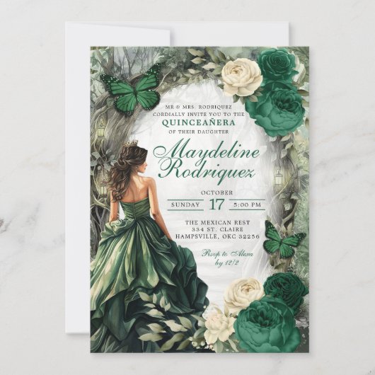 Emerald Green Whimsical Forest Quinceanera Einladung (Vorderseite)