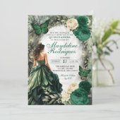 Emerald Green Whimsical Forest Quinceanera Einladung (Stehend Vorderseite)