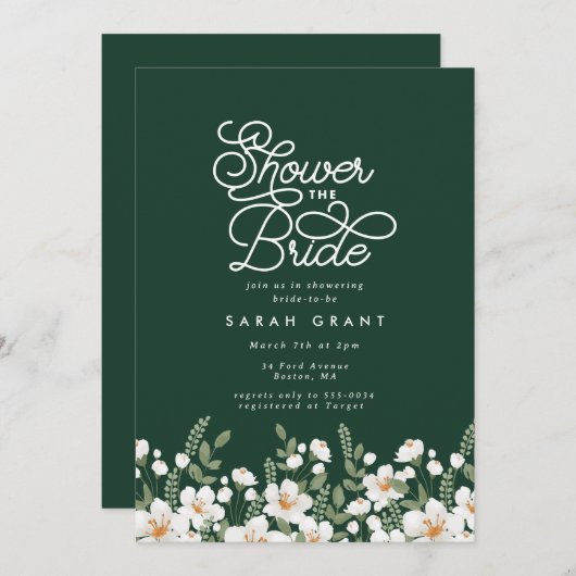 Emerald Green White Fresh Blume Brautparty Einladung (Vorne/Hinten)