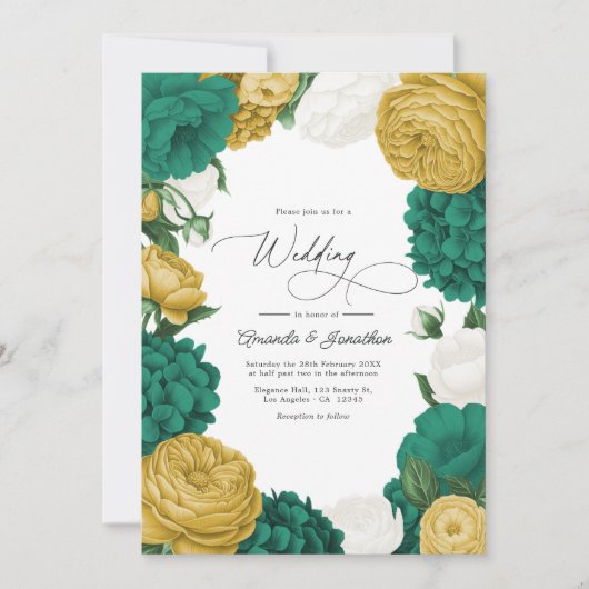 Emerald Green, White & Gold Floral Wedding Einladung (Vorderseite)