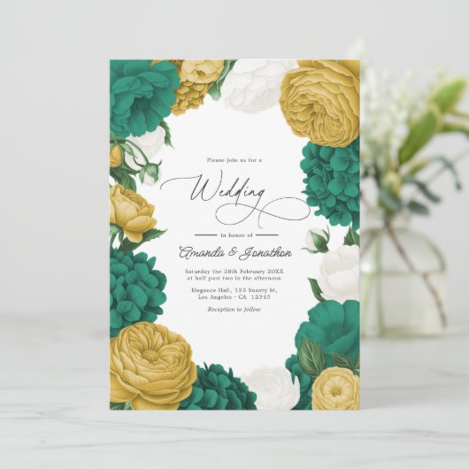 Emerald Green, White & Gold Floral Wedding Einladung (Stehend Vorderseite)