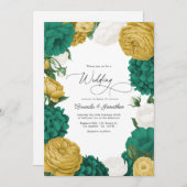 Emerald Green, White & Gold Floral Wedding Einladung (Vorne/Hinten)
