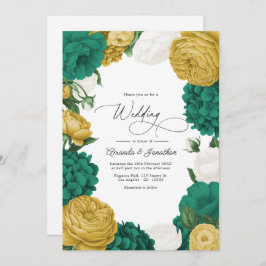 Emerald Green, White & Gold Floral Wedding Einladung