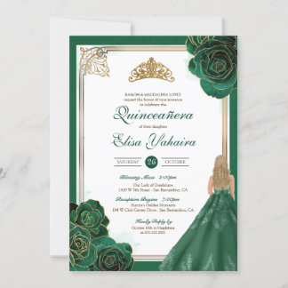 Emerald Green White Gold Rose Royal Quinceanera Einladung
