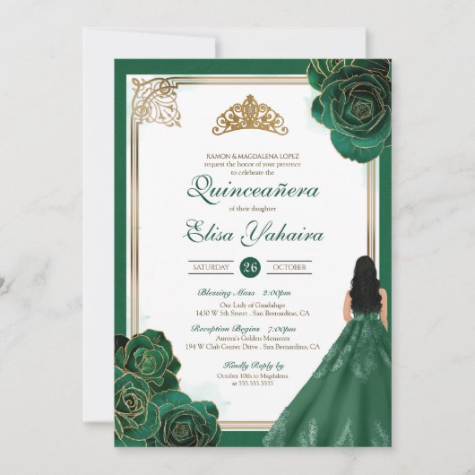 Emerald Green White Gold Rose Royal Quinceanera Einladung (Vorderseite)