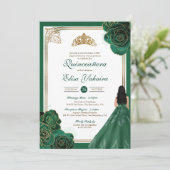 Emerald Green White Gold Rose Royal Quinceanera Einladung (Stehend Vorderseite)