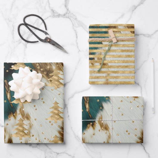 Emerald Green White Gold Weihnachtsbaum Geschenkpapier Set (Vorderseite)