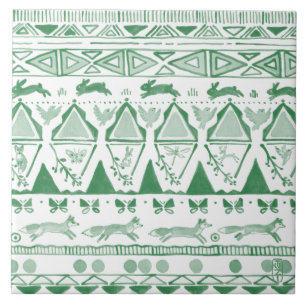 Emerald Green White Ikat Woodland Animal Muster Fliese