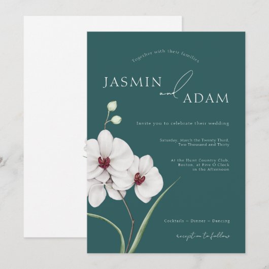 Emerald Green White Orchids Initial Floral Wedding Einladung (Vorne/Hinten)