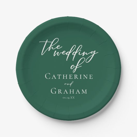 Emerald Green White Script Personalisiert Wedding Pappteller (Vorderseite)