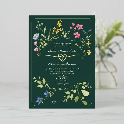 Emerald Green Wildblume Wedding Folieneinladung (Stehend vorne)
