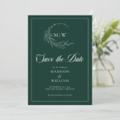 Emerald Green Wispy Wappen Monogram Save the Date (Stehend Vorderseite)