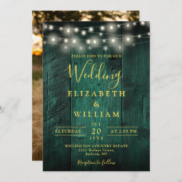 Emerald Green Wood String Lights Foto Wedding Einladung