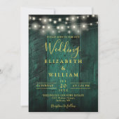 Emerald Green Wood String Lights QR Code Wedding Einladung (Vorderseite)