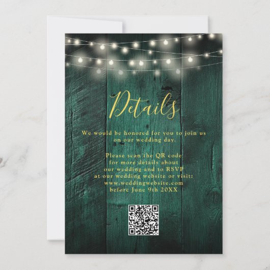 Emerald Green Wood String Lights QR Code Wedding Einladung (Rückseite)