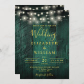 Emerald Green Wood String Lights QR Code Wedding Einladung (Vorne/Hinten)
