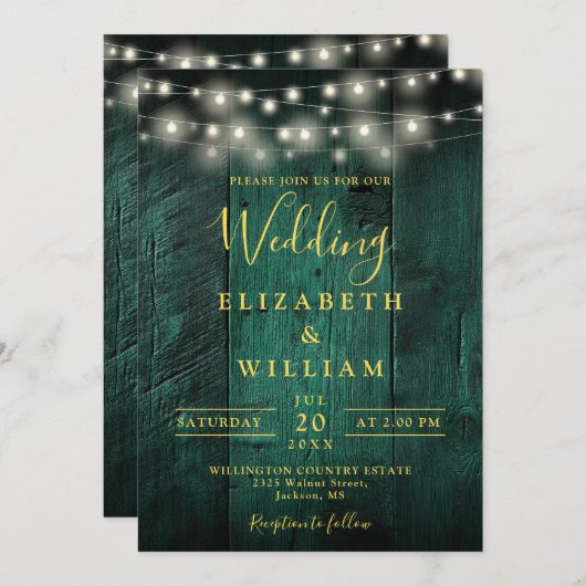 Emerald Green Wood String Lights QR Code Wedding Einladung (Vorne/Hinten)