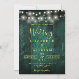 Emerald Green Wood String Lights QR Code Wedding Einladung