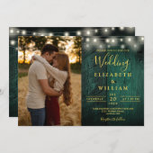 Emerald Green Wood String Lights Wedding Foto Einladung (Vorne/Hinten)