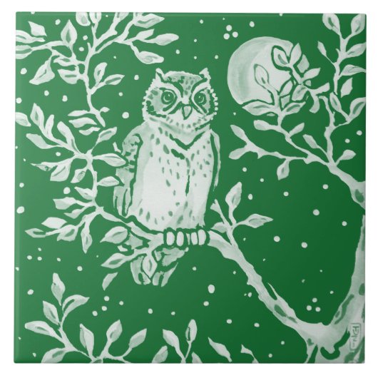 Emerald Green Woodland Owl Tree Moon Night Scene Fliese (Vorderseite)