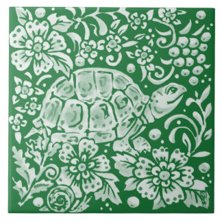 Emerald Green Woodland Turtle Intricate Floral Fliese