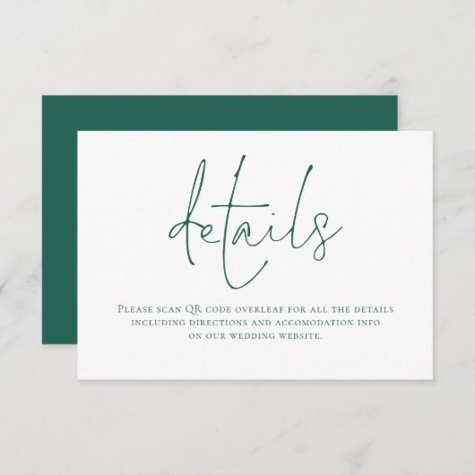 Emerald Green Writing QR Code Wedding Details Begleitkarte (Vorne/Hinten)