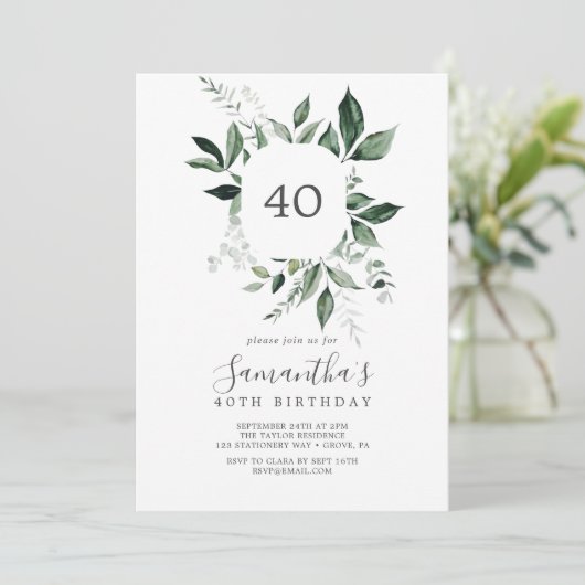 Emerald Greenery 40. Geburtstag Einladung (Stehend Vorderseite)