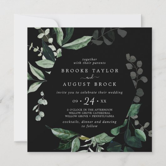 Emerald Greenery | Black Square Wedding Einladung (Vorderseite)