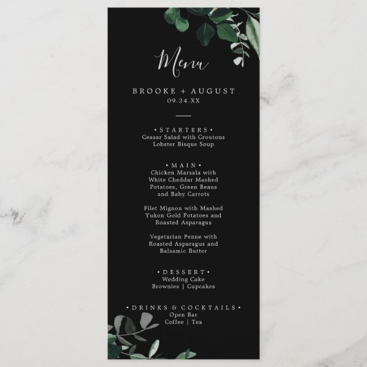 Emerald Greenery | Black Wedding Dinner Menu Menükarte (Vorderseite)
