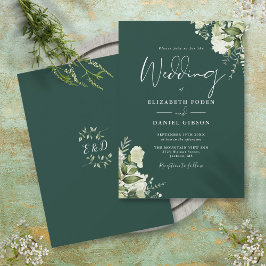 Emerald Greenery Blätter Monogram Wedding Einladung