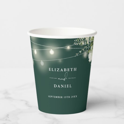 Emerald Greenery Bloral String Lights Wedding Pappbecher (Rückseite)