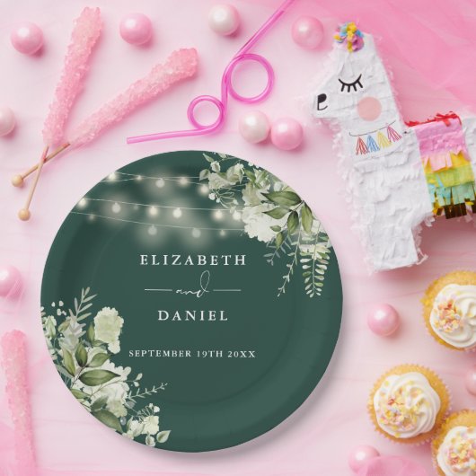 Emerald Greenery Bloral String Lights Wedding Pappteller (Party)