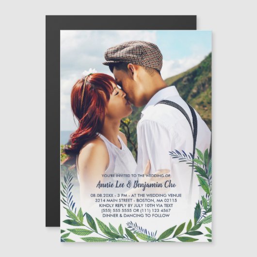 Emerald Greenery Custom Foto Wedding Magneteinladung (Vorne/Hinten)
