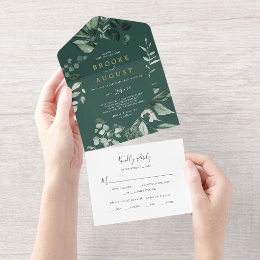 Emerald Greenery Dark Green Leaf Gold Foil Wedding All-in-One-Einladung (Abreißstreifen)